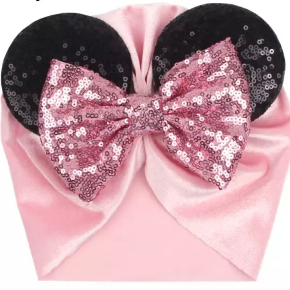 Sequin Pink Bow with Mickey Ears and Velvet Turban